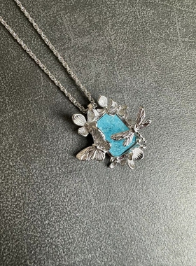 蝴蝶蓝色宝石项链毛衣链锁骨链铜