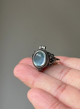 欧式复古老货浅蓝色水晶戒指开口戒铜