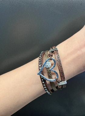欧美朋克西部风多层磁吸皮革手环小众民族风废土风镶钻辣妹手镯
