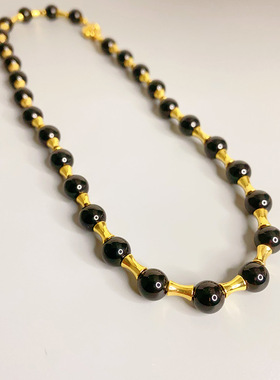 竹节链黑玛瑙珍珠串珠项链金色轻奢高级感锁骨链颈链42cm