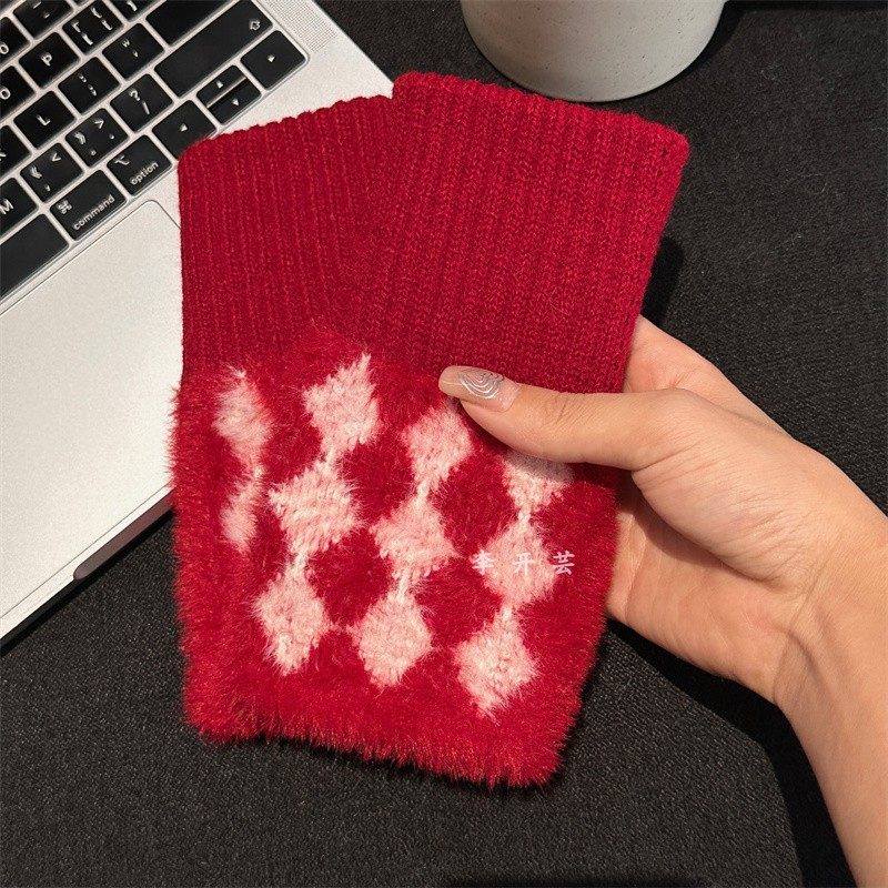 保暖毛线半指手套女冬季格子毛绒护手腕漏指百搭触屏办公学生写字,淘宝优惠券,粉丝福利购,淘宝优惠卷