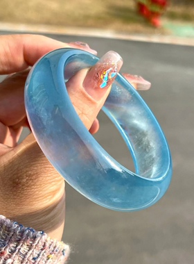天然海蓝宝手镯海蓝宝手镯浅蓝色海蓝宝宽版手镯