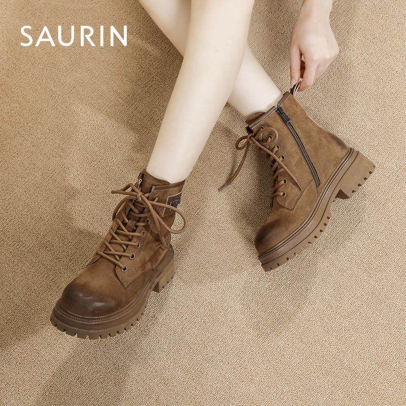 索兰短靴女2024冬季新款英伦风厚底增高系带机车马丁靴24DYL6529,淘宝优惠券,粉丝福利购,淘宝优惠卷