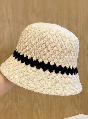 秋冬撞色显脸小针织桶帽女显脸小