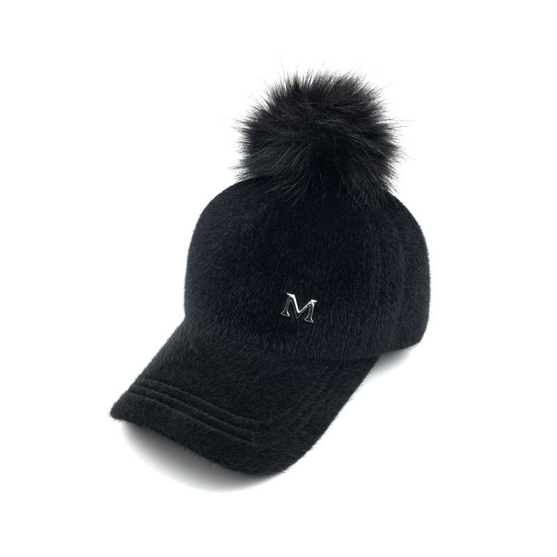 秋冬季新款M标毛球鸭舌帽子女韩版百搭保暖帽子潮 黑色时尚棒球帽 - 图3