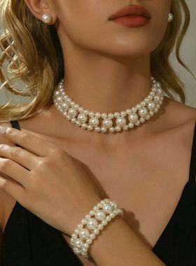 欧美热销花朵珍珠项链套装女款三件套网红婚礼晚宴女装饰拍摄时尚