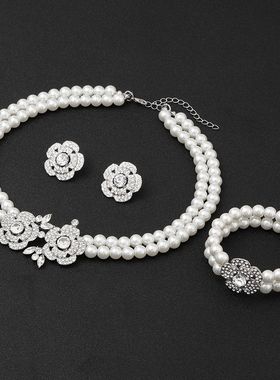 欧美花朵珍珠项链套装女款三件套适用于婚礼晚宴网红女夸张装饰品