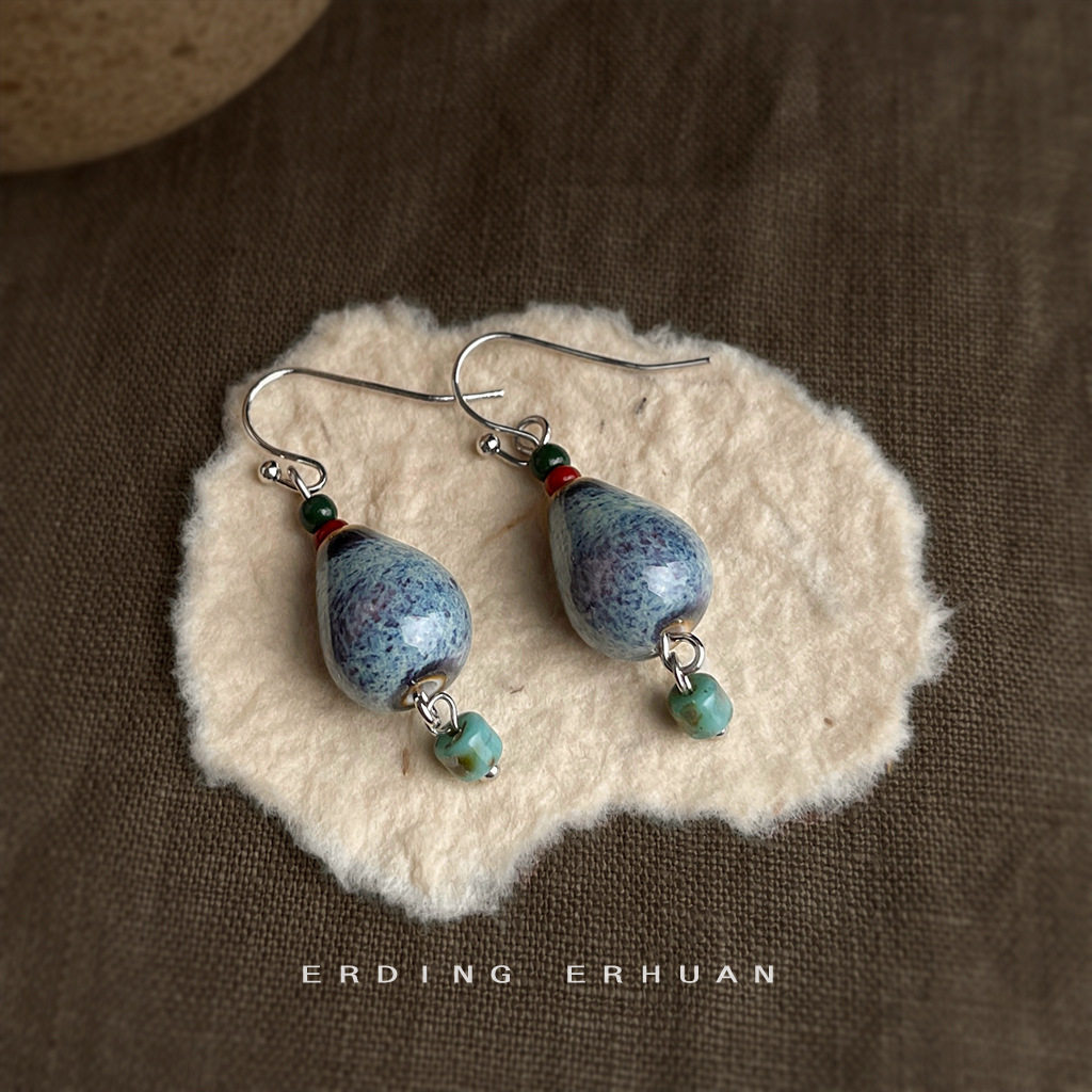 diy手工原创陶瓷水滴葫芦耳环 国潮文艺复古中古风耳饰女,淘宝优惠券,粉丝福利购,淘宝优惠卷