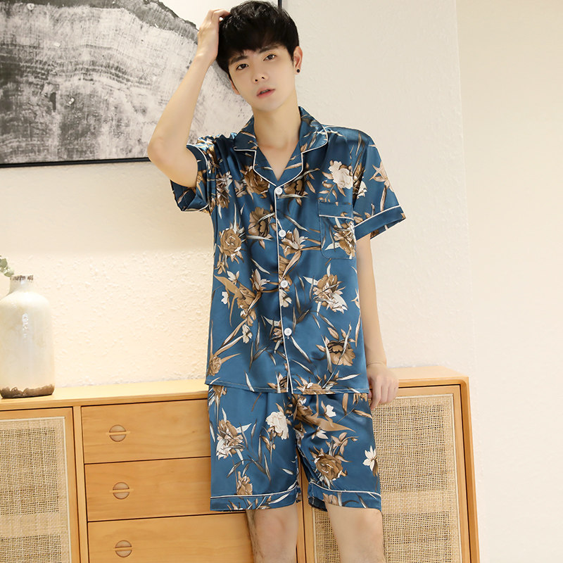 男夏季冰丝短袖短裤花朵印花睡衣 lrx浪如心睡衣/家居服套装