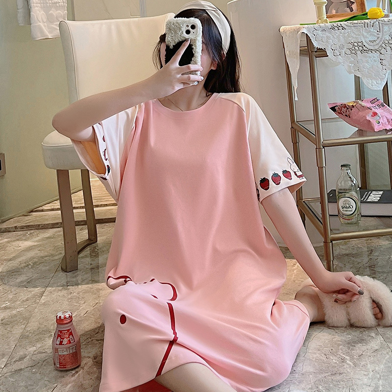 lrx浪如心旗舰店睡裙女夏季纯棉短袖中长款韩版宽松大码卡通可爱全棉可外穿家居服3