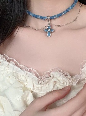 做旧风牛仔项圈蝴蝶吊坠女