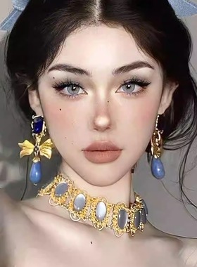 新款中式蓝色几何项链复古宫廷设计锁骨链高级感轻奢蝴蝶结耳钉