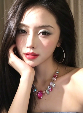 法式宫廷风几何粉色水钻项链