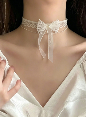 纯欲风白色蕾丝蝴蝶结项链