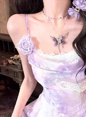 复古紫色蝴蝶流苏项链女辣妹y2k