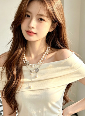 法式仿珍珠多层叠带项链女