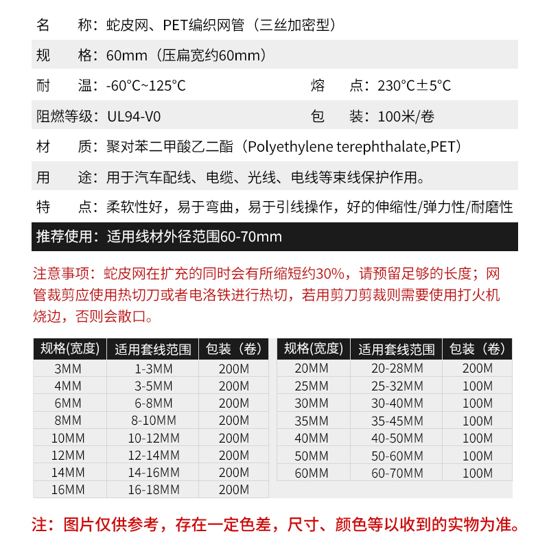 避震网编织网管60mmPET编织网管尼龙网电线电缆护套蛇皮网套管1米 - 图2