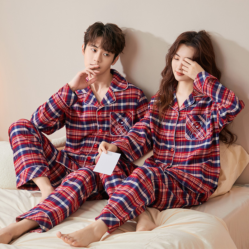 韩彩情侣睡衣春秋款纯棉红色新婚结婚男女士格子家居服套装本命年
