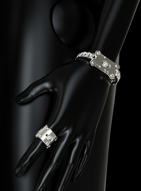 YURITAN潮酷机械接口古巴链手链2024春夏新款时尚镀金镶钻手链