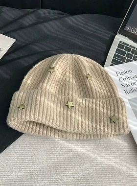 时尚星星针织帽百搭休闲护耳套头帽户外保暖防风毛线帽秋冬款女帽