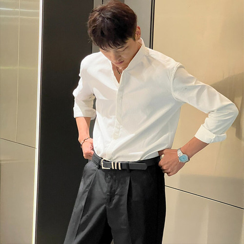 新中式立领衬衫男高级感痞帅长袖暗扣中山装衬衣中袖白色华夫格潮 - 图0