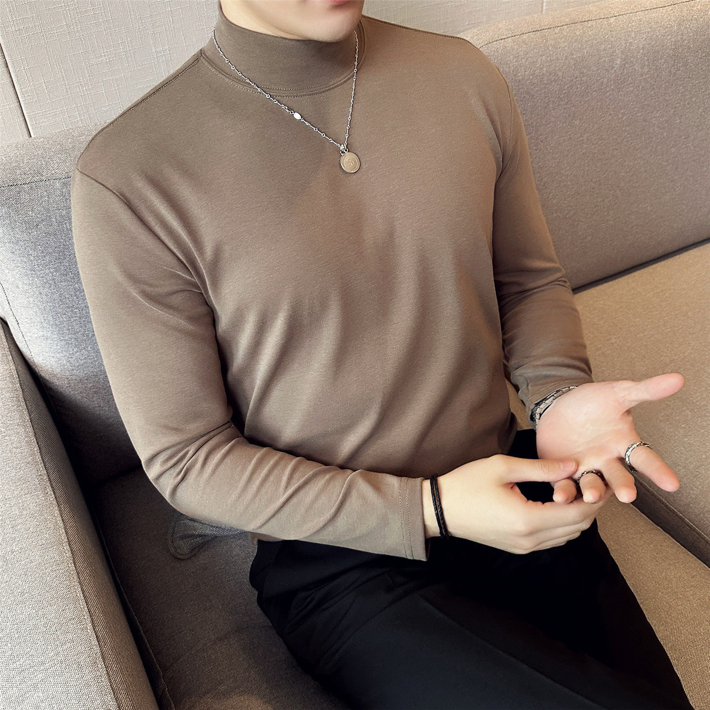 秋冬季半高领打底衫加厚保暖纯白色棉长袖t恤男士西装内搭中领潮,淘宝优惠券,粉丝福利购,淘宝优惠卷