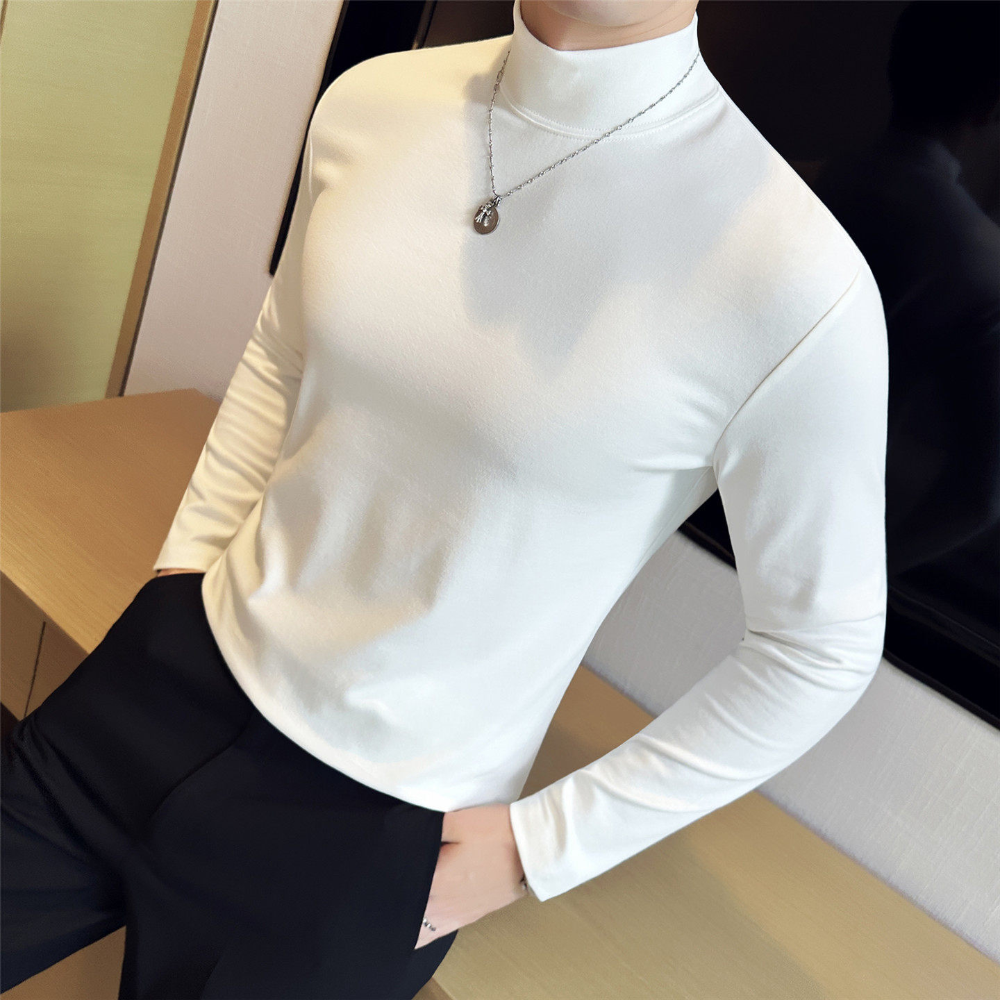 秋冬季半高领打底衫加厚保暖纯白色棉长袖t恤男士西装内搭中领潮,淘宝优惠券,粉丝福利购,淘宝优惠卷