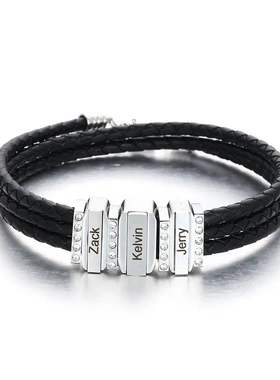 独立站名字刻字手环手镯多色珠子不锈钢字母皮手链货源