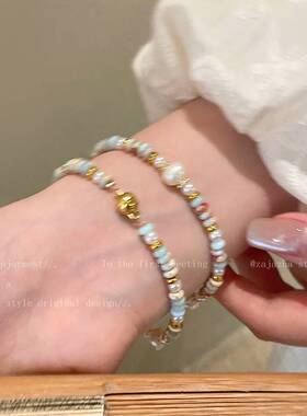 寿山石淡水珍珠手链女多巴胺叠戴串珠手串轻奢小众精致手饰品