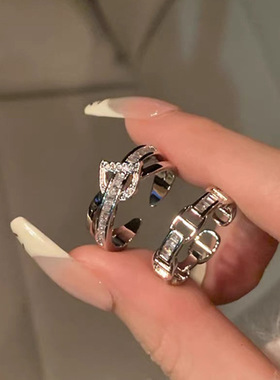 交错金属锆石开口戒指女韩国小众复古个性简约百搭气质指环戒子