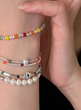 彩色串珠笑脸碎银子金属手链女韩国小众复古个性百搭气质手串手镯