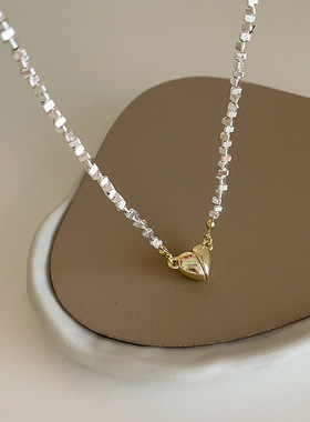 金银撞色爱心磁铁碎银子金属项链女小众个性简约百搭颈链锁骨链
