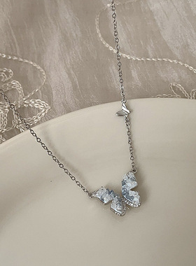 蓝色锆石水晶蝴蝶项链手链耳钉戒指女超仙个性百搭气质时尚首饰