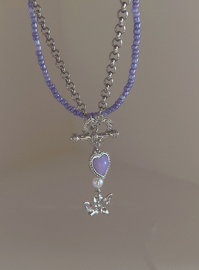 小众设计紫色水晶爱心双层项链女韩国个性简约百搭气质颈链锁骨链