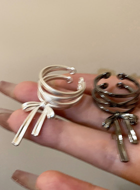 设计感绑带蝴蝶结哑光金属开口戒指女个性独特时尚百搭指环戒子