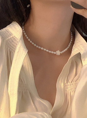 法式复古贝壳花朵淡水珍珠项链女韩国个性简约百搭气质颈链锁骨链