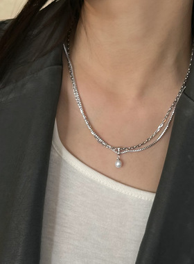 双层金属珍珠项链女设计感小众个性简约百搭气质时尚颈链锁骨链