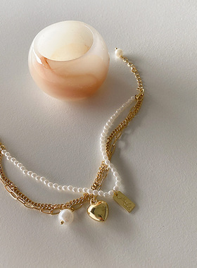 法式复古气质百搭时尚个性多层叠戴金属链条珍珠爱心手链女冷淡风