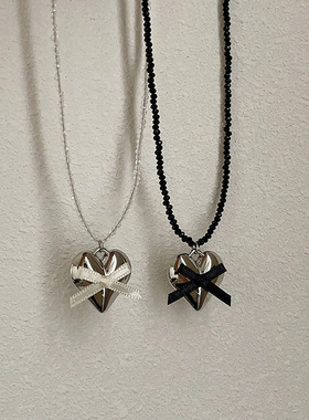 金属爱心丝带蝴蝶结吊坠水晶项链女轻奢复古优雅高级颈链锁骨链