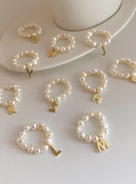 法式复古天然淡水珍珠字母戒指女韩国简约百搭气质指环戒子冷淡风