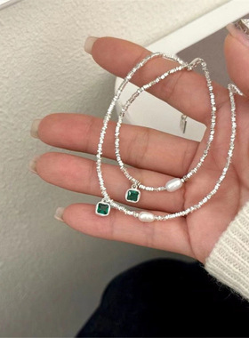 祖母绿锆石碎银子金属淡水珍珠项链女韩国小众复古个性颈链锁骨链