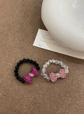 水晶蝴蝶结弹力戒指女小众个性甜美可爱简约气质百搭时尚指环戒子