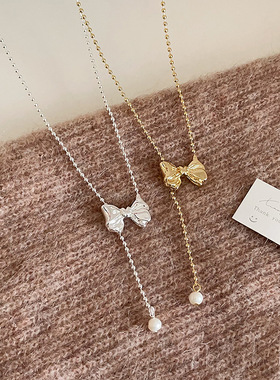 法式复古金属蝴蝶结项链女小众设计感个性简约百搭时尚颈链毛衣链