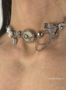 夸张个性金属滴油珍珠花朵项链女小众设计复古百搭时尚颈链锁骨链