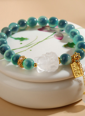 批发北京宫里同款绿糖心玛瑙白水晶九尾狐手链景区寺院新中式