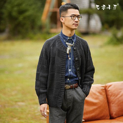 非成衣秋冬款毛衣小哥原创设计手工编织开衫外套棋盘格DIY材料包 - 图2