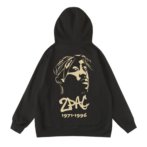 嘻哈饶舌说唱tupac潮品欧美风秋冬加绒连帽衫 男印花卫衣宽松运动 - 图1