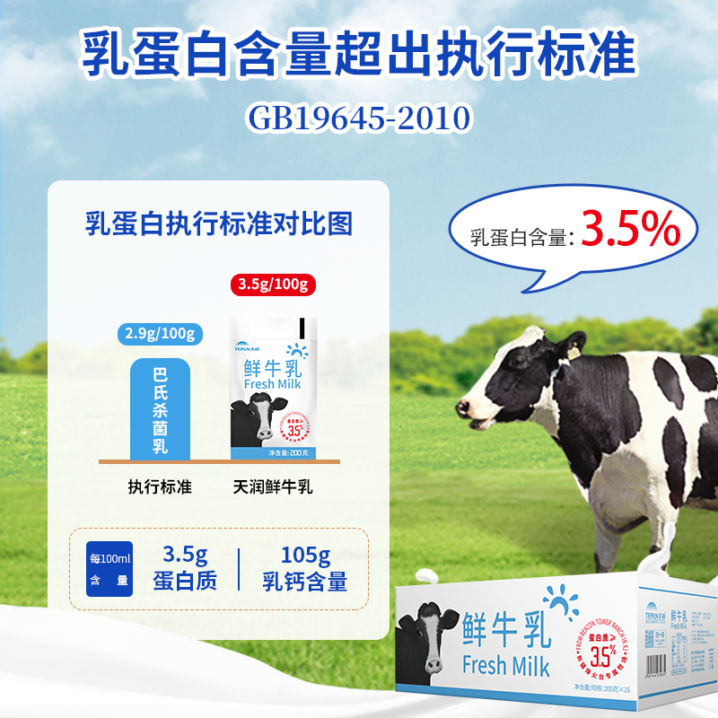 terun新疆天润鲜奶新品低温巴氏鲜牛乳全脂含钙纯牛奶200g*16袋装 - 图2