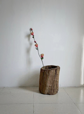 侘寂风老木桶风化木老物件客栈书房干花雨伞插桶老木头摆件