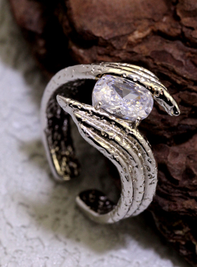 韩版小众不规则肌理设计轻奢高级感镶钻S925纯银开口戒指女